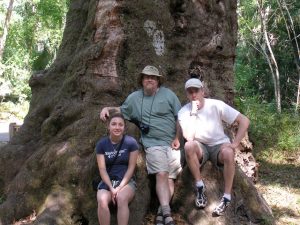 Three people posing for the camera while sitting on a tree.